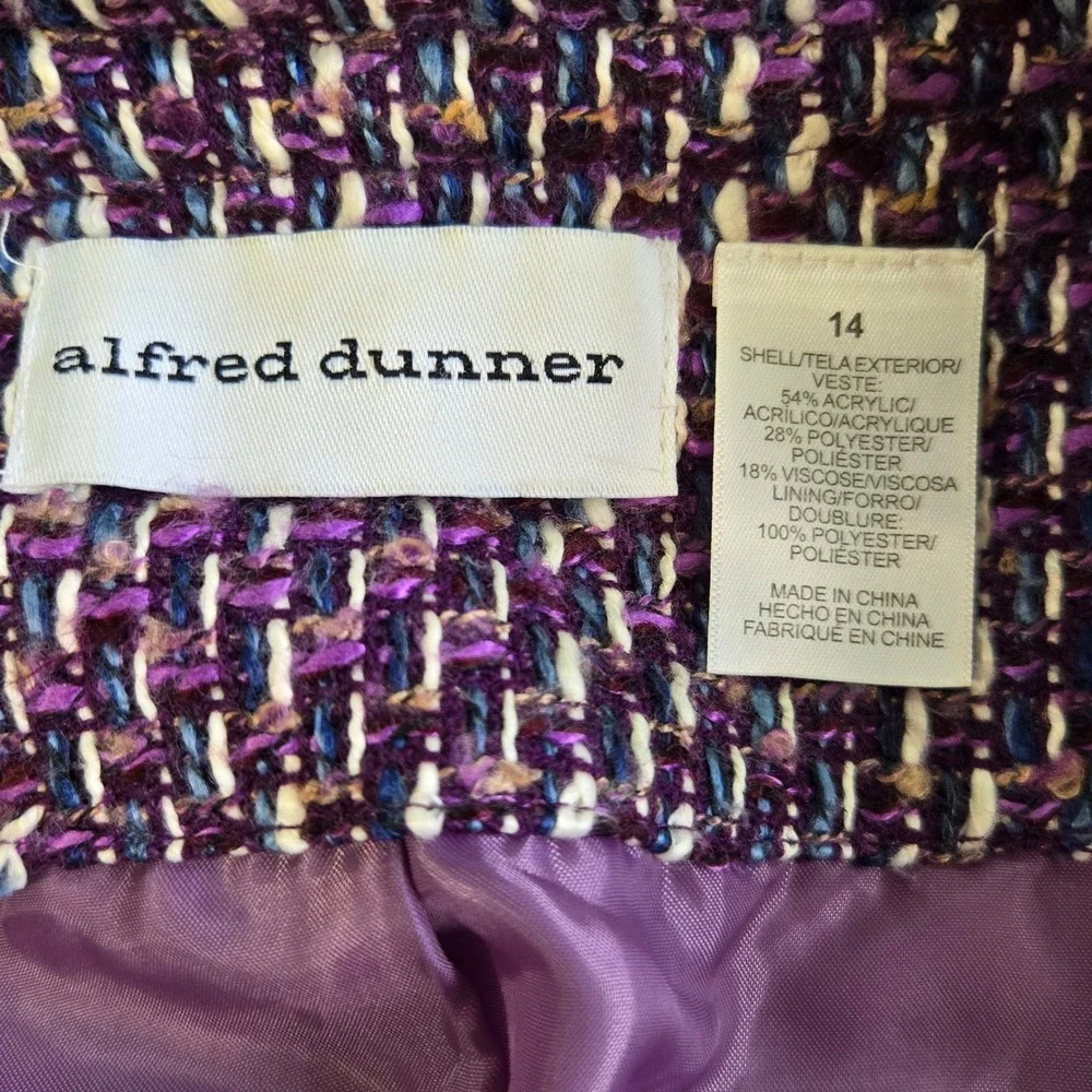 Alfred Dunner Tweed Jacket Womens 14 Purple Multi Fringe Open Front Woven Blazer